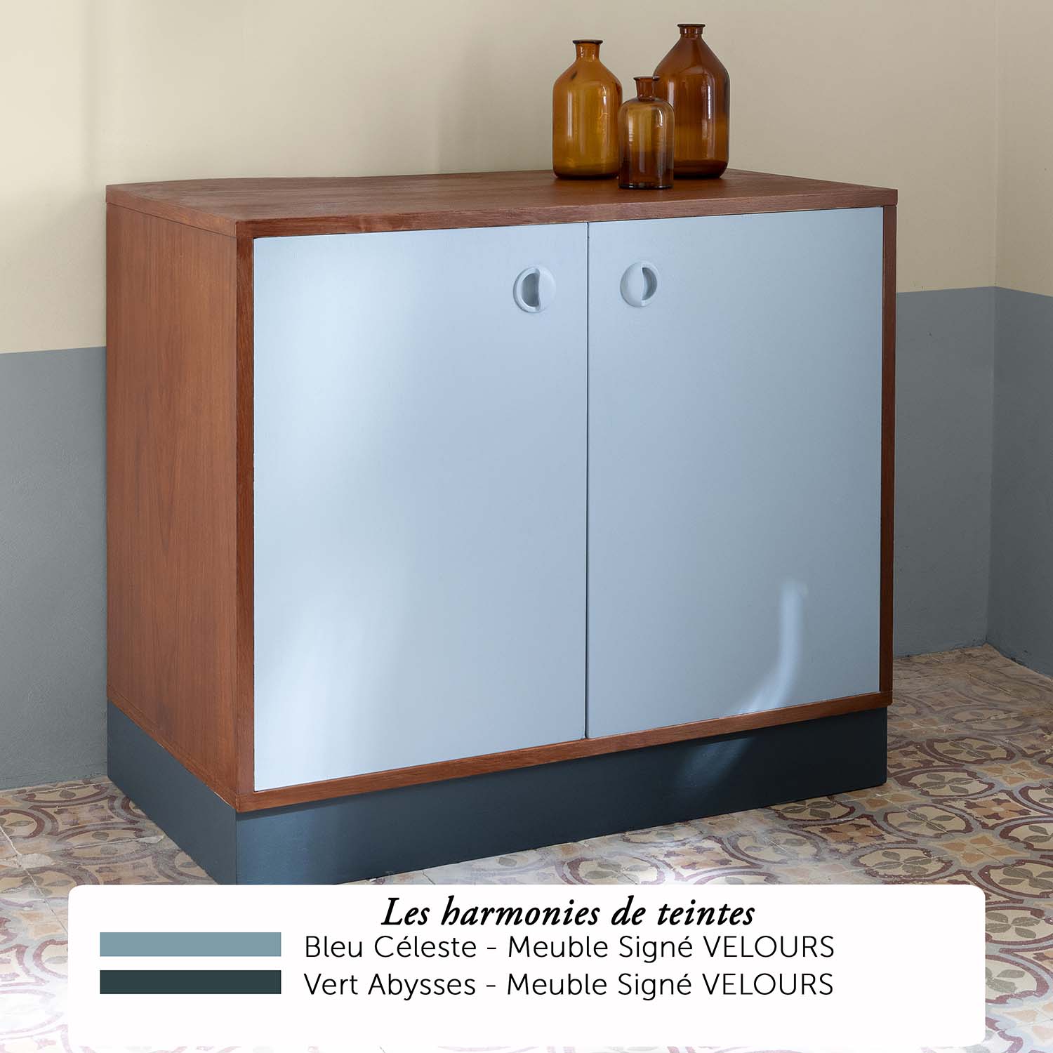 Libéron - Meuble Signé - harmonies - 3 Association de couleurs, Bleu Céleste de la gamme Libéron Meuble Signé Velours, Vert Abysses de la gamme Libéron Meuble Signé Velours