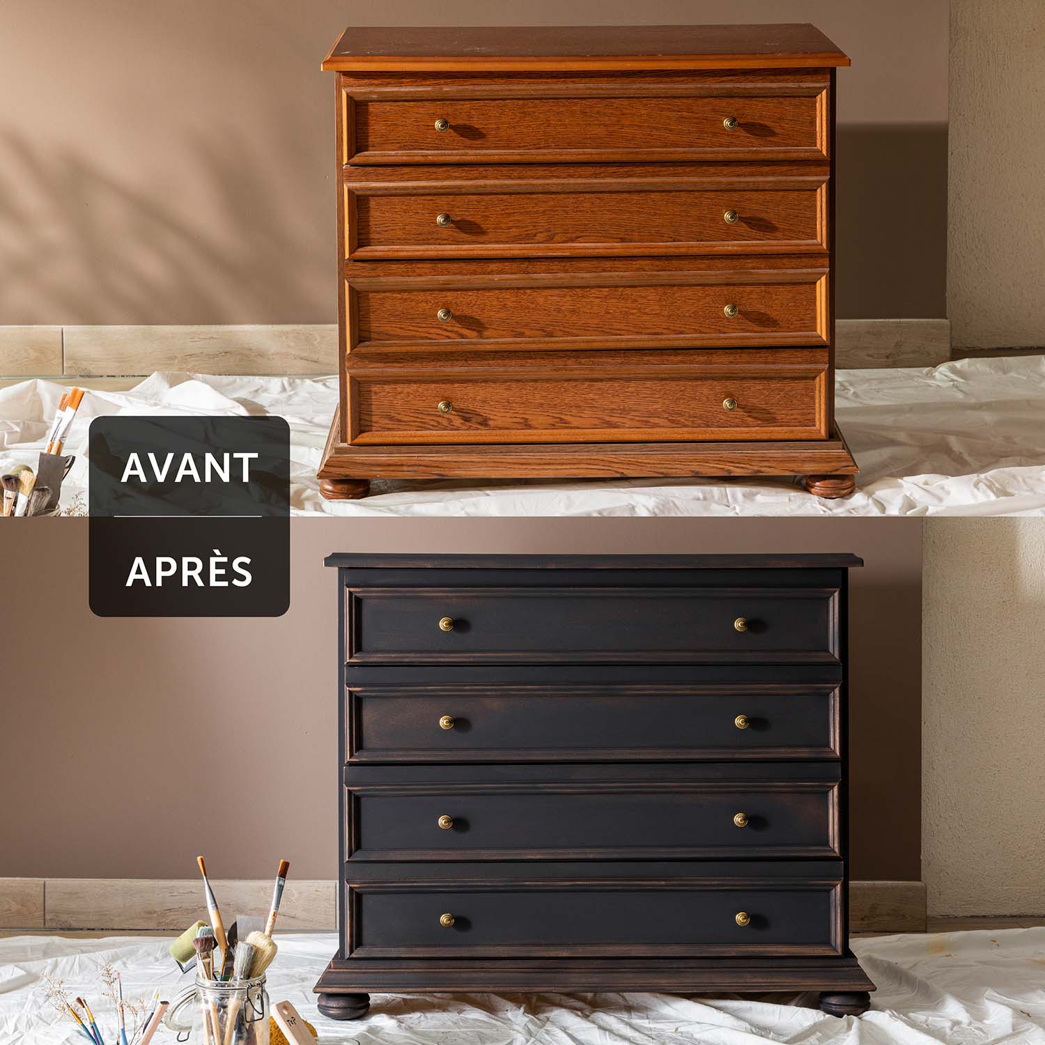 Libéron - Meuble Signé - Cire Patiné - AvantApres - Or Riche Deux visuels d'une commode avant avoir été cirée et après avoir été cirée avec la Cire Libéron Effet Patiné de la gamme Meuble Signé en couleur Or Riche