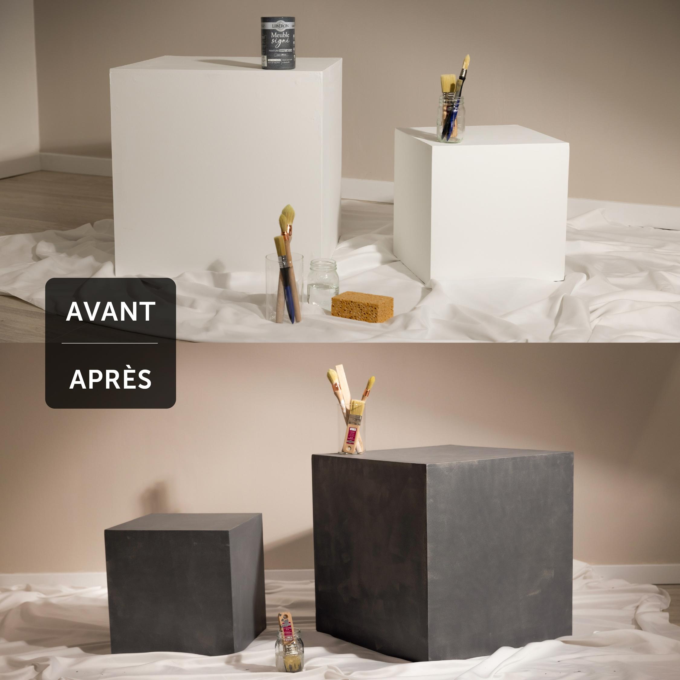 Deux visuels d'une armoire avant avoir été peinte et après avoir été peinte avec la Peinture Libéron Effet Béton de la gamme Meuble Signé en teinte Gris Béton