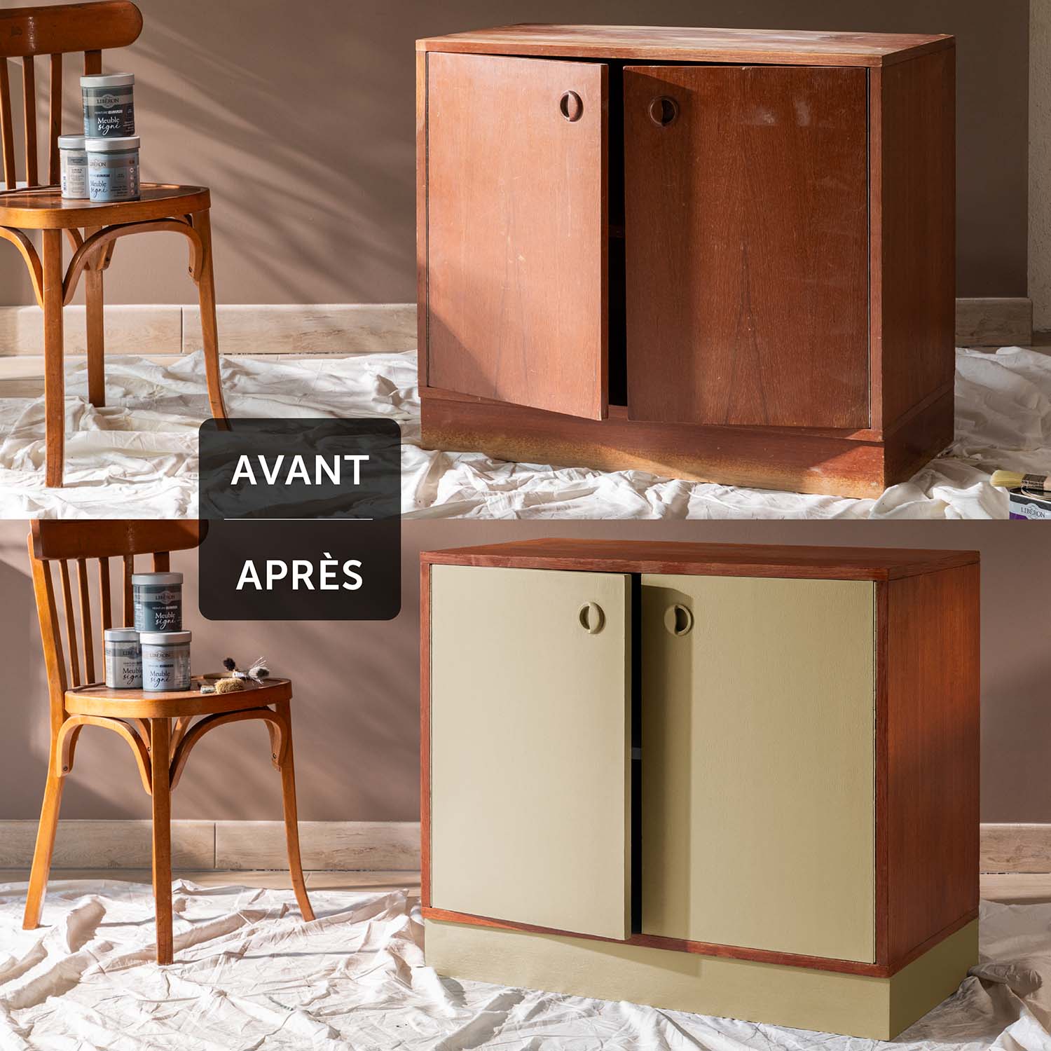 Deux visuels d'une commode avant avoir été peinte et après avoir été peinte avec la Peinture Velours Meuble Signé Libéron en couleur Beige Cannage