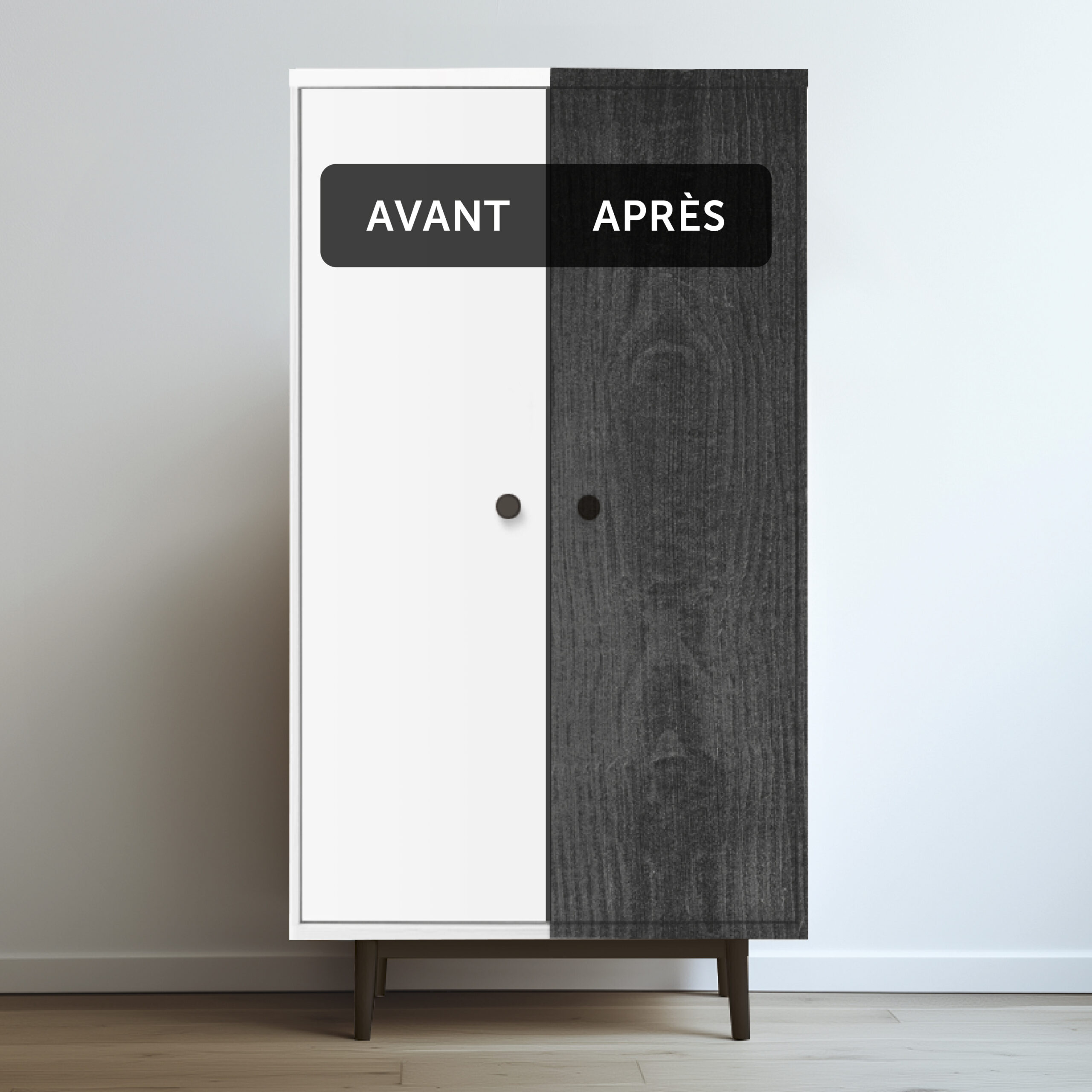 Deux visuels d'une armoire avant avoir été peinte et après avoir été peinte avec la Peinture Libéron Effet Bois de la gamme Meuble Signé en teinte Chêne Brûlé